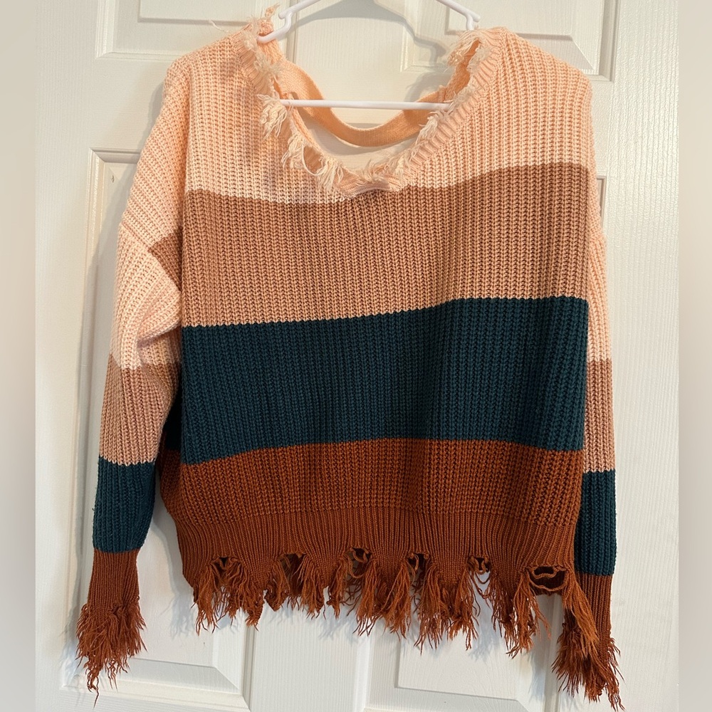 Striped Frayed Hem Sweater